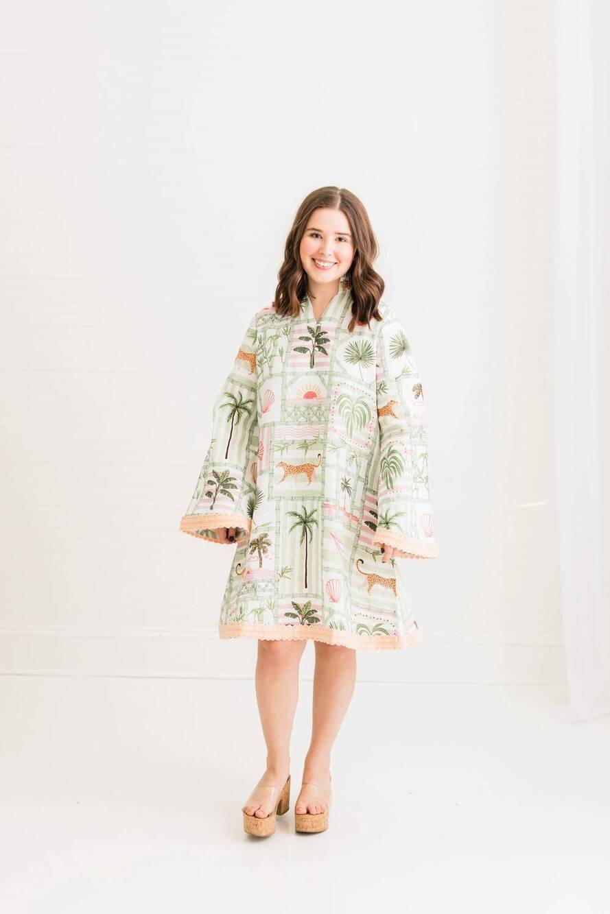 NEW HEART OF GRACE eloise mini caftan dress in palm postal